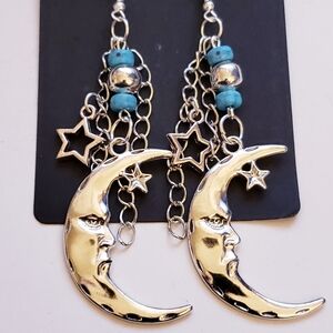 Handmade Boho Celestial Moon Star Turquoise Dangle Chain Earrings